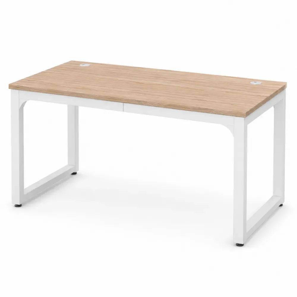 Schreibtisch 160 x 80 x 75 cm Spanplatte Stahl rechteckig Eiche hell Weiß Silber mit Kabeldurchlass