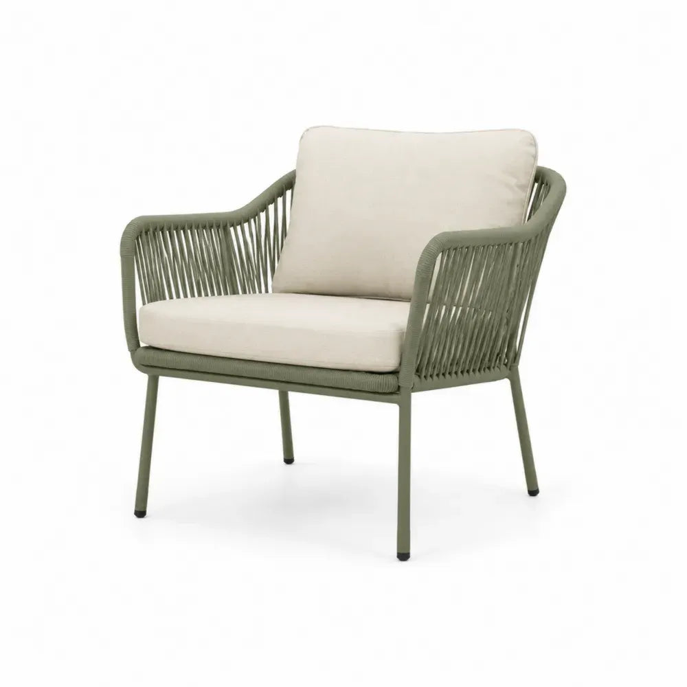 Gartenstuhl Loungesessel mit Sitzkissen und Rückenkissen pulverbeschichtetes Aluminium Polyesterseil Salbeigrün Creme Schwarz 72 x 70 x 78 cm