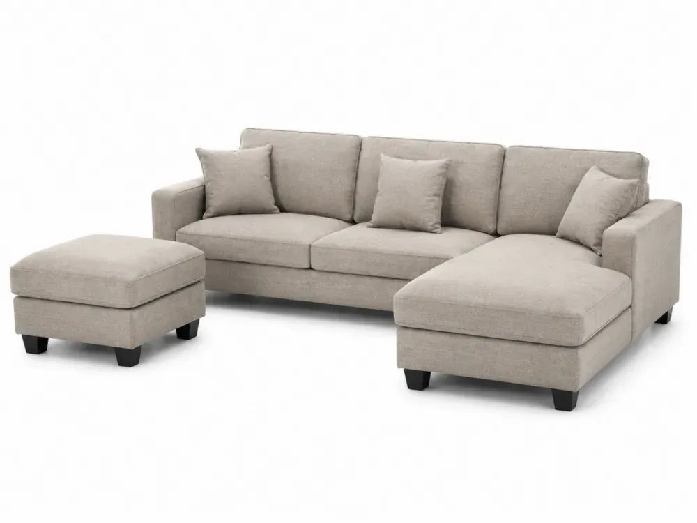 Modulares Ecksofa Set 285 x 165 x 85 cm Polyester-Flachgewebe Polyurethan-Schaum Sperrholz Stahl L-Form Beige Schwarz mit Recamiere Hocker und 3 Kissen