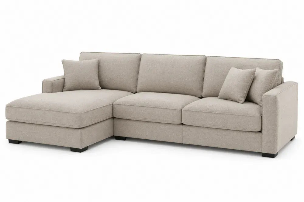 Modulares Ecksofa mit Recamiere links 3 Kissen Polyester Flachgewebe Sperrholz Stahl L Form Beige Schwarz 290 x 165 x 85 cm