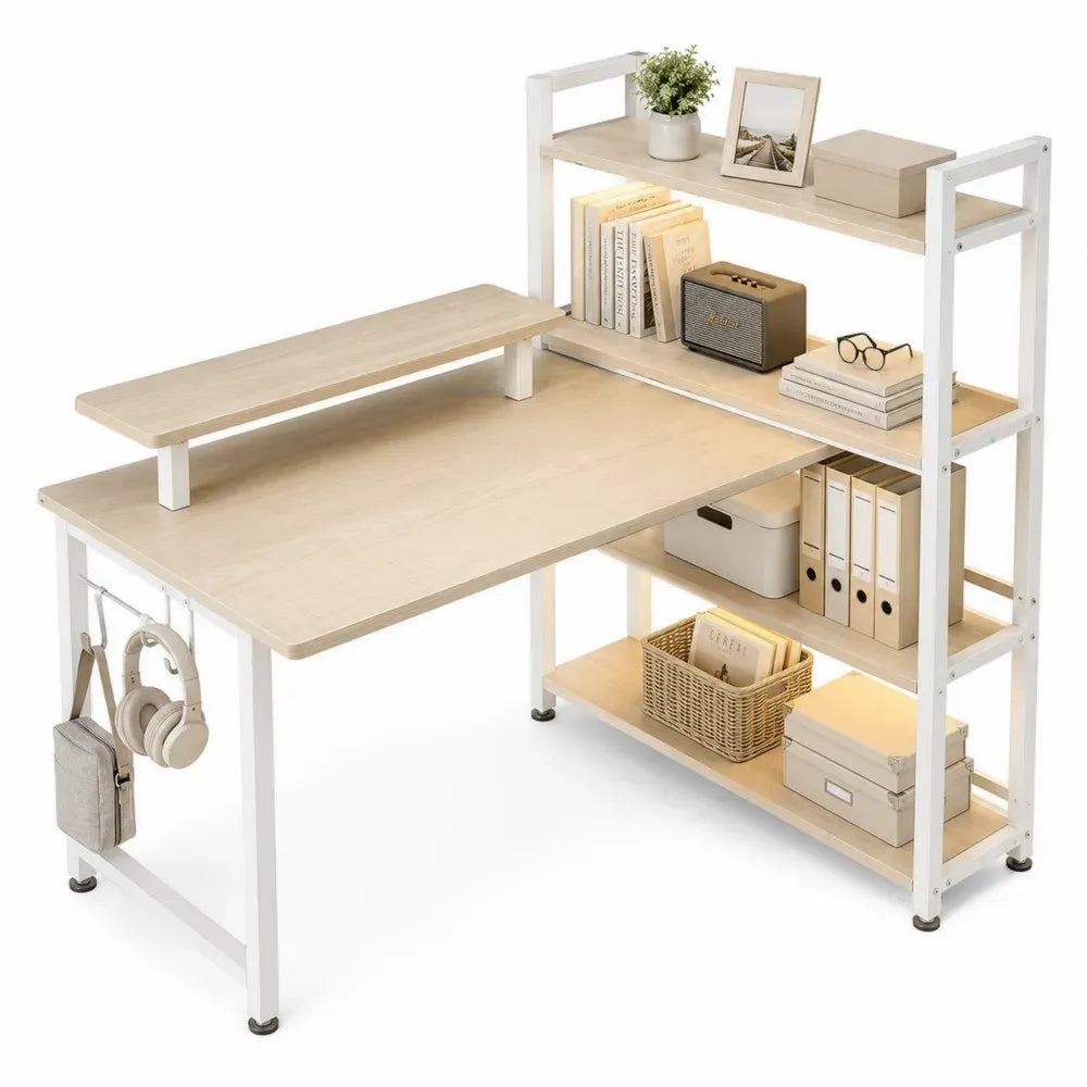 Schreibtisch mit Regal und Monitorablage 120 x 60 x 145 cm Spanplatte Stahl Melaminbeschichtung rechteckig Eiche hell Weiß Schwarz