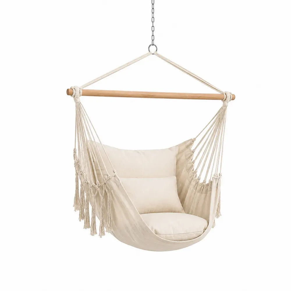 Hängesessel Hängematte 100 x 80 x 130 cm Baumwoll-Polyester-Gewebe Buchenholz Baumwollseile Beige Natur Silberfarben mit Kissen und Fransen
