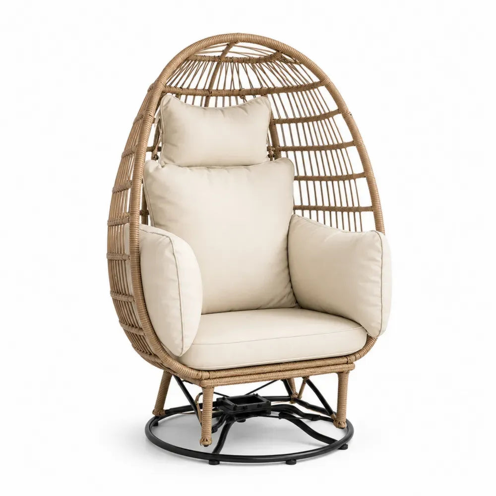 Eiersessel Gartenstuhl drehbar 95 x 90 x 150 cm aus PE-Rattan und Stahl mit Kissen Naturbeige Creme Schwarz