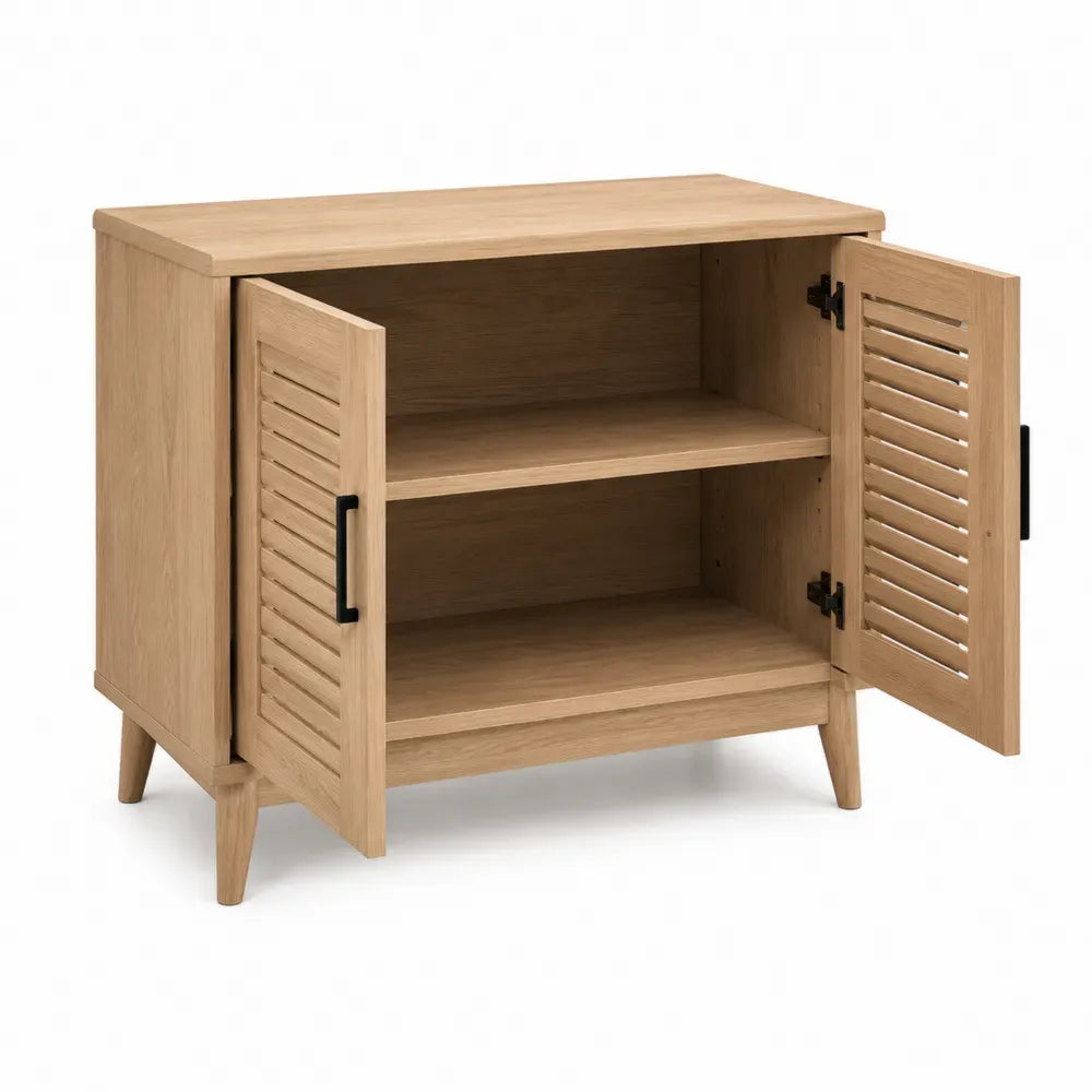 Aufbewahrungsschrank Wohnzimmerschrank 100 x 40 x 80 cm Spanplatte MDF massives Gummibaumholz Eiche hell Schwarz mit Lamellentüren