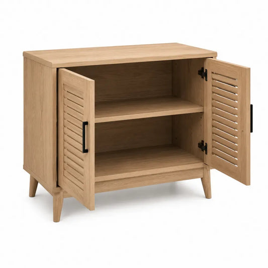 Aufbewahrungsschrank Wohnzimmerschrank 100 x 40 x 80 cm Spanplatte MDF massives Gummibaumholz Eiche hell Schwarz mit Lamellentüren