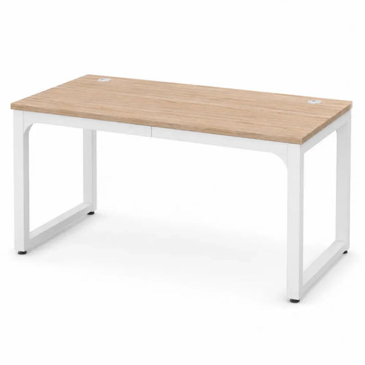 Schreibtisch 160 x 80 x 75 cm Spanplatte Stahl rechteckig Eiche hell Weiß Silber mit Kabeldurchlass