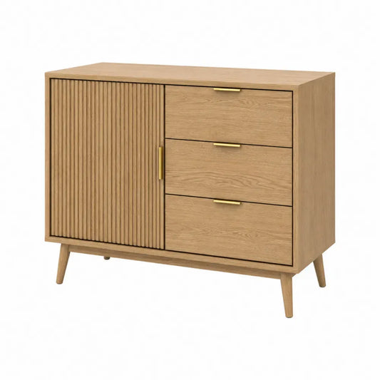 Aufbewahrungsschrank Sideboard Kommode 120 x 40 x 80 cm Spanplatte MDF massives Gummibaumholz Eiche hell Goldfarben mit Lamellentür und 3 Schubladen