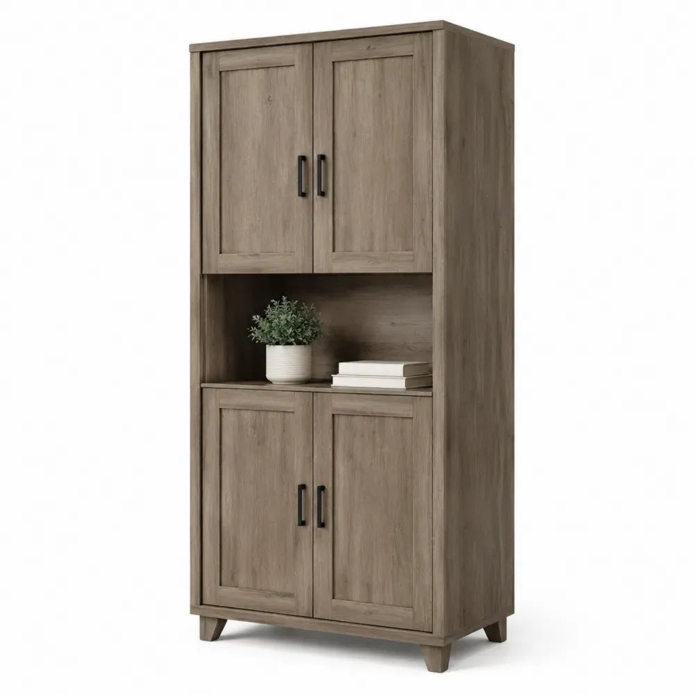 Wohnzimmerschrank Aufbewahrungsschrank rechteckig Spanplatte MDF Eichegrau Schwarz mit 4 Türen und offenem Fach 80 x 40 x 180 cm