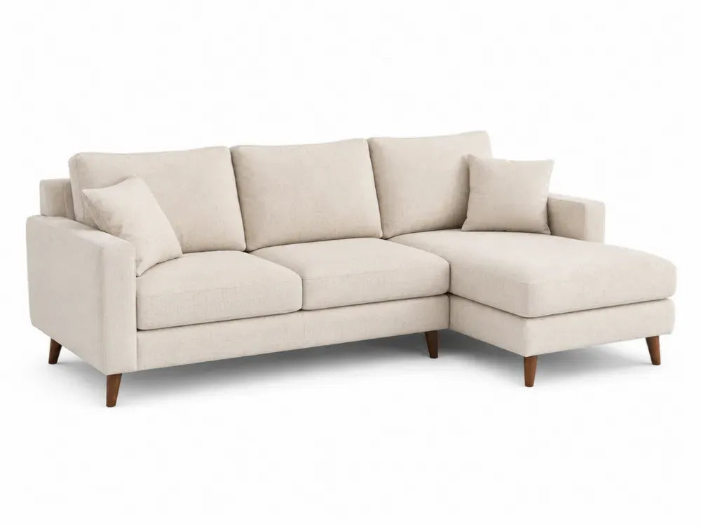 2-teiliges modulares Ecksofa 250 x 155 x 84 cm Polyester-Flachgewebe Polyurethan-Schaum Kiefernholz Sperrholz Gummibaumholz L-Form Cremebeige Braun mit rechter Recamiere und 2 Kissen