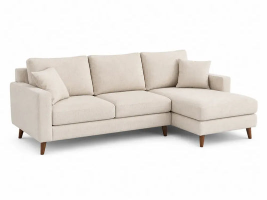 2-teiliges modulares Ecksofa 250 x 155 x 84 cm Polyester-Flachgewebe Polyurethan-Schaum Kiefernholz Sperrholz Gummibaumholz L-Form Cremebeige Braun mit rechter Recamiere und 2 Kissen