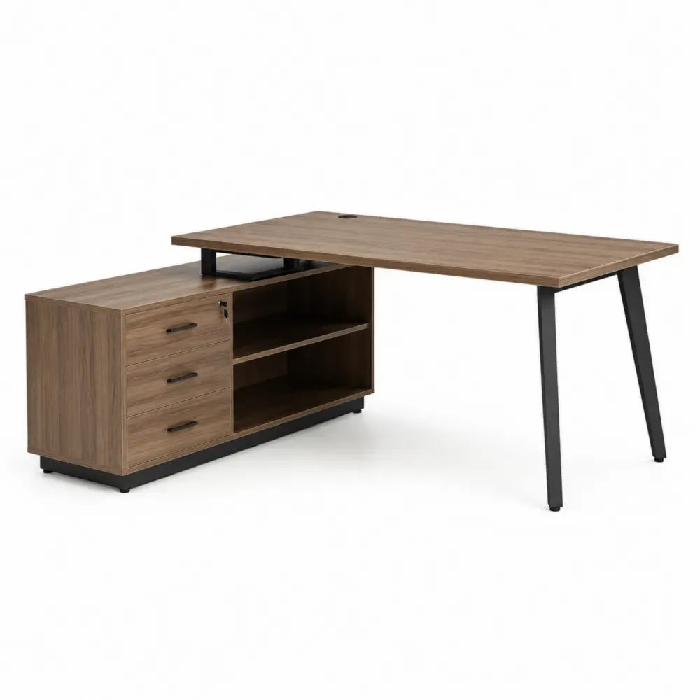 Schreibtisch mit Sideboard 180 x 160 x 75 cm Spanplatte Melaminbeschichtung L-Form Nussbaum Schwarz
