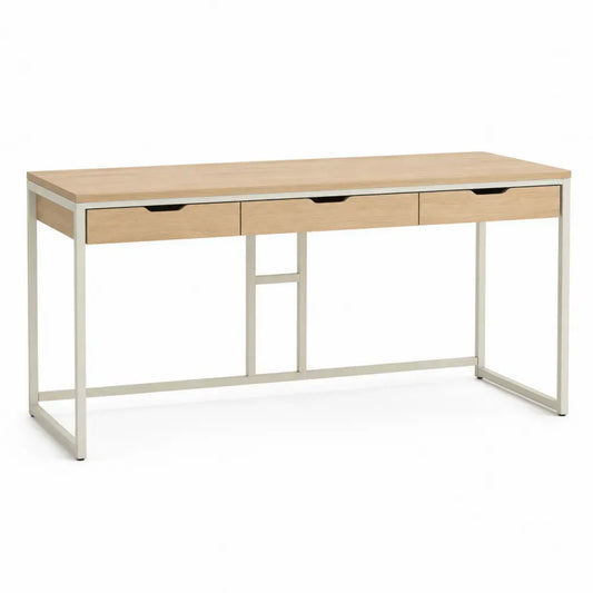 Schreibtisch mit 3 Schubladen 140 x 60 x 76 cm Spanplatte Stahl Melaminbeschichtung rechteckig Eiche hell Weiß Schwarz