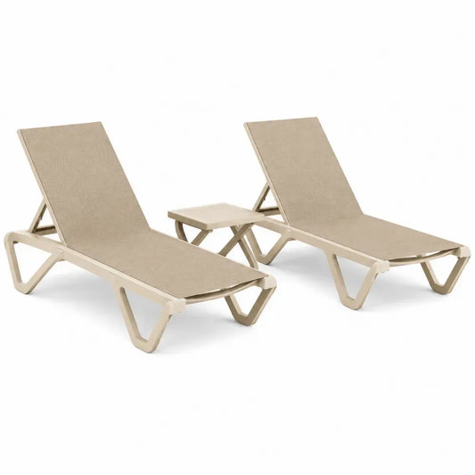 Sonnenliegen Set 3 teilig mit 2 Gartenliegen und Beistelltisch Polypropylen PVC-beschichtetes Polyestergewebe Beige Creme