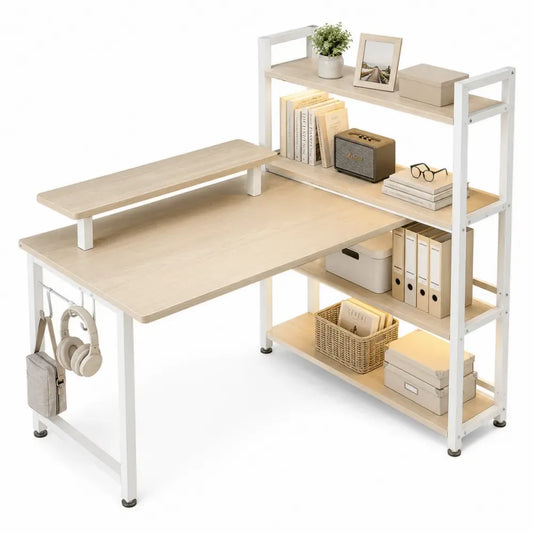 Schreibtisch mit Regal und Monitorablage 120 x 60 x 145 cm Spanplatte Stahl Melaminbeschichtung rechteckig Eiche hell Weiß Schwarz