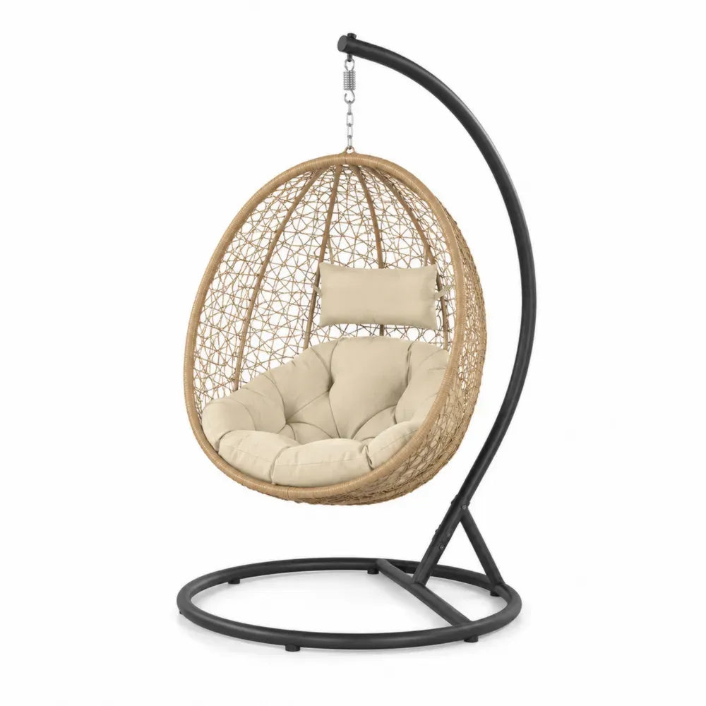 Hängesessel mit Gestell und Kissen Set PE Rattan Stahl tropfenförmig Natur Beige Schwarz Silberfarben 95 x 95 x 195 cm