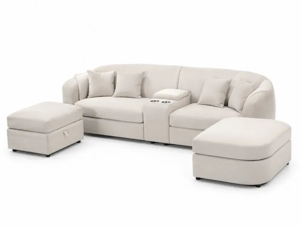 Modulares Sofa Set Wohnlandschaft U Form mit Mittelkonsole 2 Hockern Getränkehaltern Polyester Flachgewebe Cremebeige Schwarz 320 x 200 x 85 cm