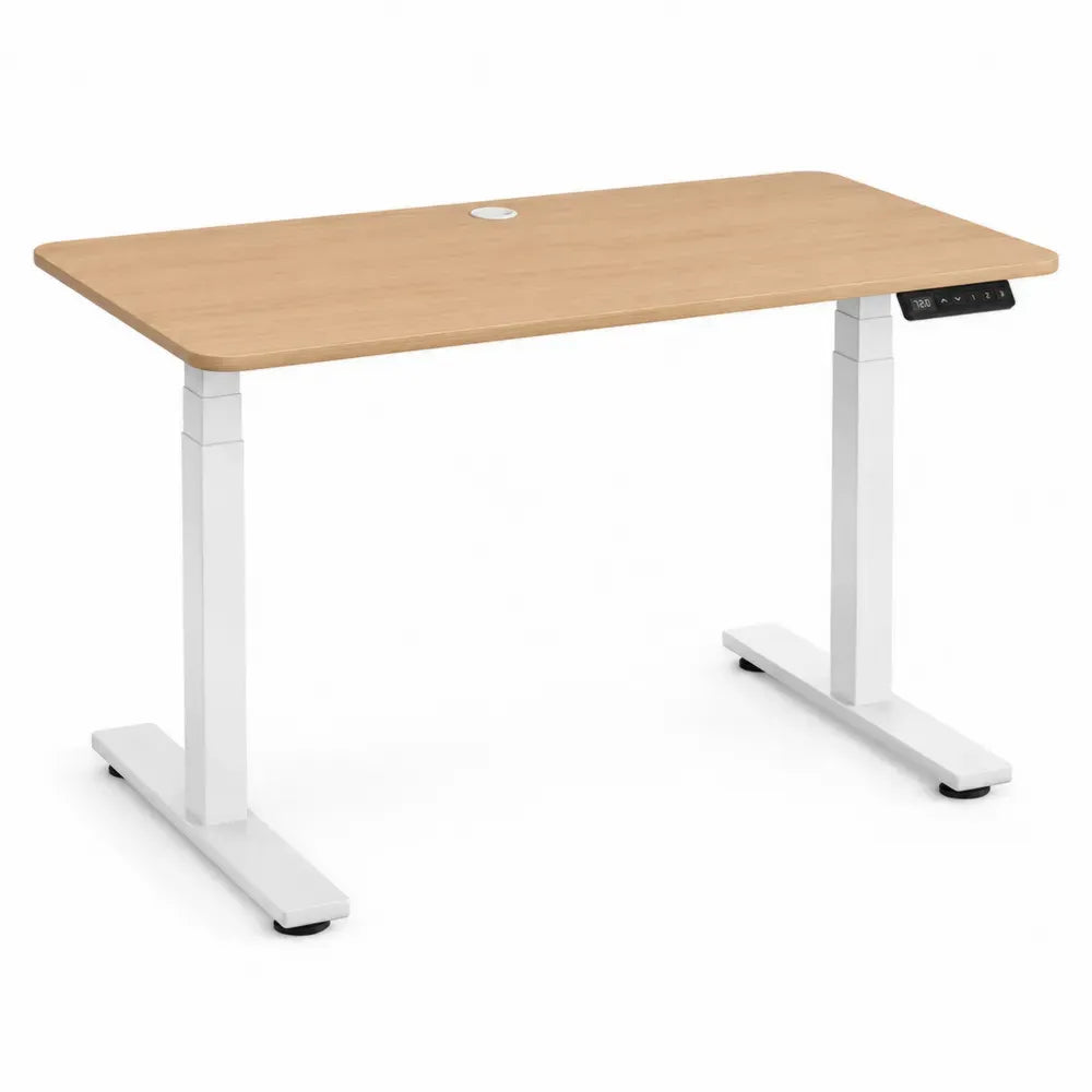 Höhenverstellbarer Schreibtisch elektrisch 120 x 60 x 72 bis 120 cm Spanplatte Stahl Melaminbeschichtung rechteckig Eiche hell Weiß Schwarz