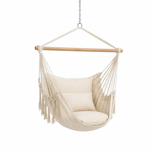 Hängesessel Hängematte 100 x 80 x 130 cm Baumwoll-Polyester-Gewebe Buchenholz Baumwollseile Beige Natur Silberfarben mit Kissen und Fransen