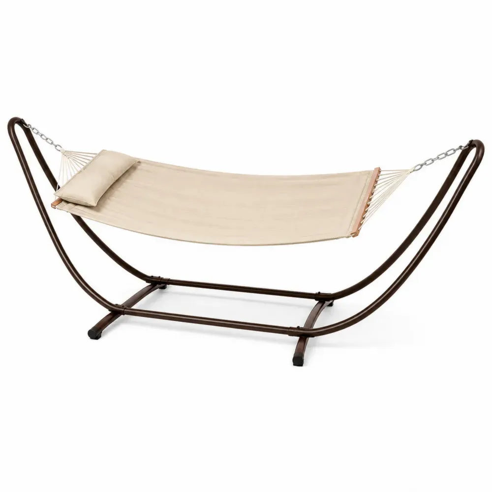 Hängematte mit Gestell und Kissen rechteckige Liegefläche Stahl Baumwoll Polyestergewebe Beige Dunkelbraun Silberfarben 330 x 100 x 110 cm