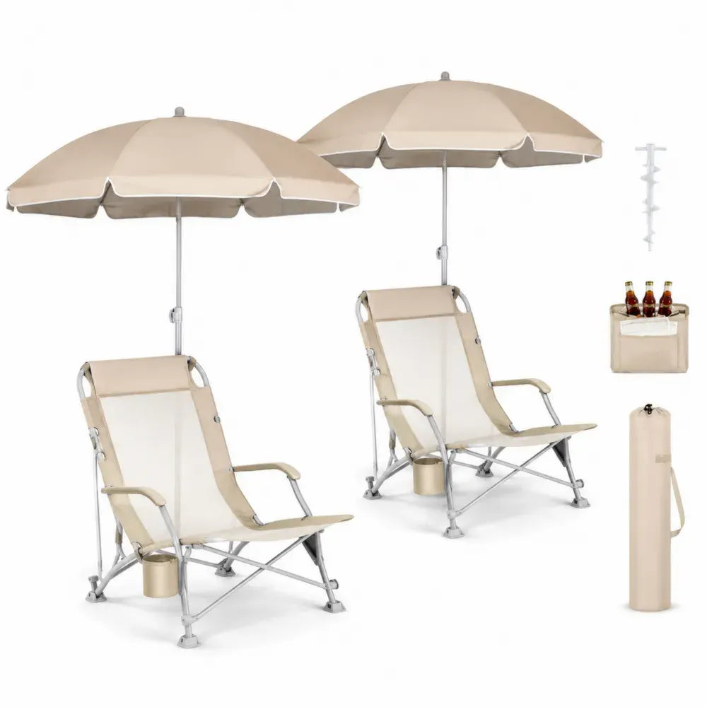 Strandstühle 2er Set Klappstühle mit Sonnenschirm Aluminium PVC-beschichtetes Polyestergewebe Beige Silberfarben Weiß 60 x 75 x 90 cm Schirm Ø 150 cm