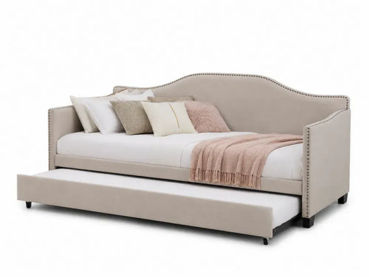 Tagesbett mit Ausziehbett 210 x 98 x 95 cm Polyestergewebe MDF Sperrholz rechteckig Beige Antiksilber Schwarz