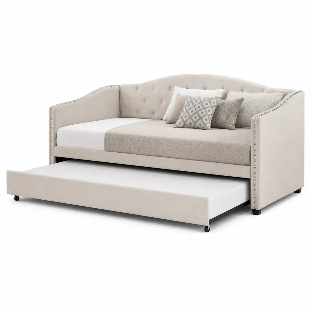Tagesbett Ausziehbett mit Gästebett 216 x 100 x 92 cm Polyestergewebe Sperrholz MDF Stahl rechteckig Beige Silberfarben Schwarz