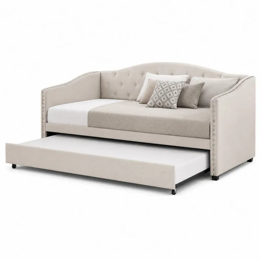 Tagesbett Ausziehbett mit Gästebett 216 x 100 x 92 cm Polyestergewebe Sperrholz MDF Stahl rechteckig Beige Silberfarben Schwarz