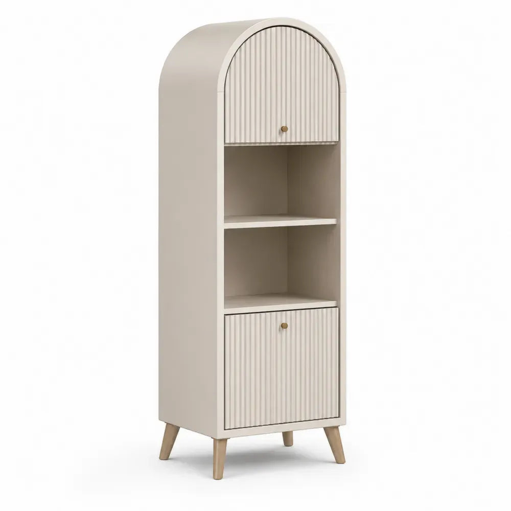 Aufbewahrungsschrank Hochschrank 45 x 35 x 160 cm MDF Bogenform 2 Türen 2 offene Fächer geriffelte Fronten Cremebeige Eiche hell Messingfarben