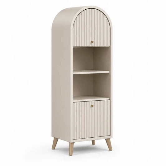 Aufbewahrungsschrank Hochschrank 45 x 35 x 160 cm MDF Bogenform 2 Türen 2 offene Fächer geriffelte Fronten Cremebeige Eiche hell Messingfarben