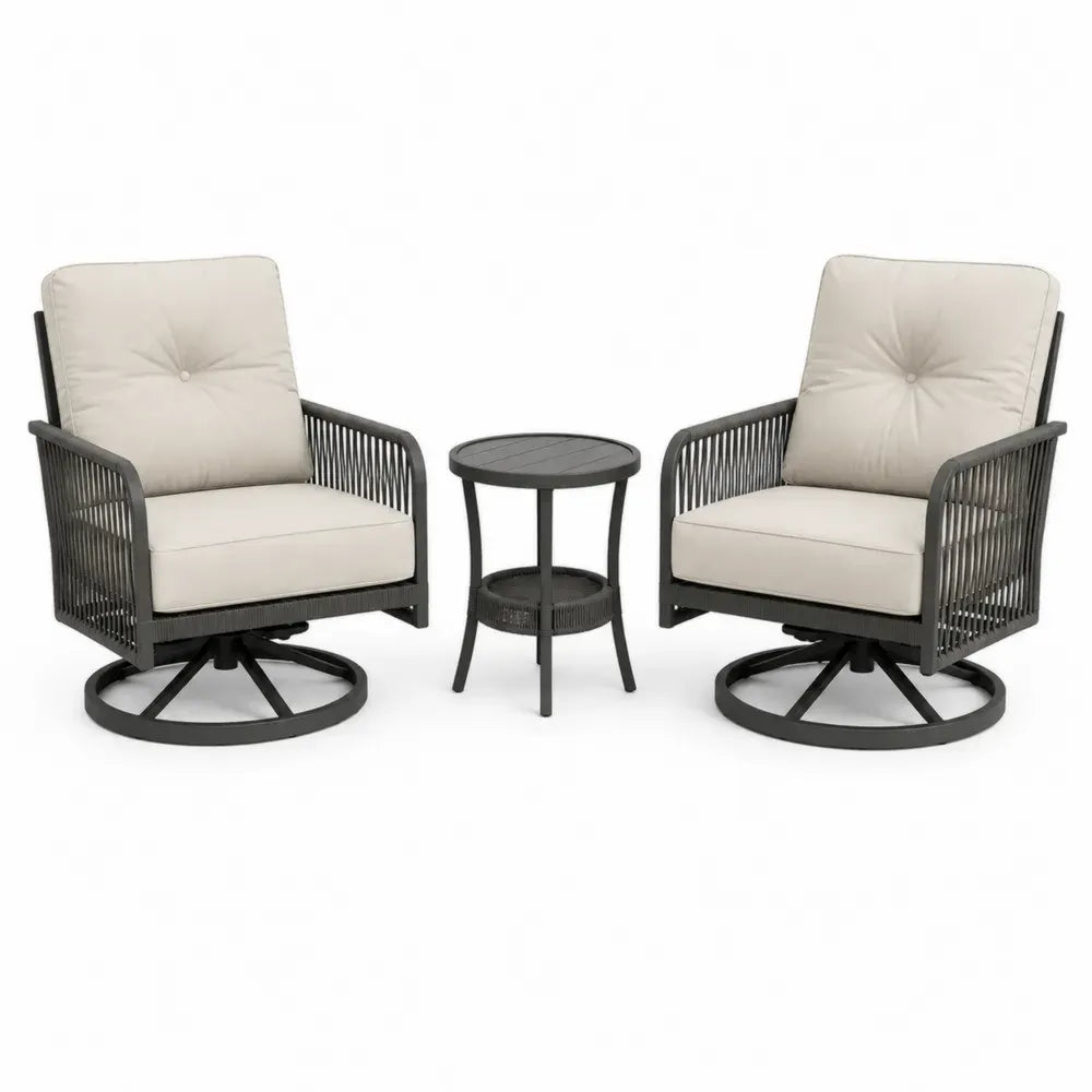 Gartenstuhl Set 3-teilig mit 2 Drehsesseln und rundem Beistelltisch pulverbeschichteter Stahl Polypropylen-Seilgeflecht Polyestergewebe Beige Anthrazit Schwarz Stuhl 75 x 78 x 86 cm Tisch Ø 45 x 50 cm