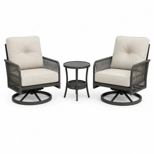 Gartenstuhl Set 3-teilig mit 2 Drehsesseln und rundem Beistelltisch pulverbeschichteter Stahl Polypropylen-Seilgeflecht Polyestergewebe Beige Anthrazit Schwarz Stuhl 75 x 78 x 86 cm Tisch Ø 45 x 50 cm