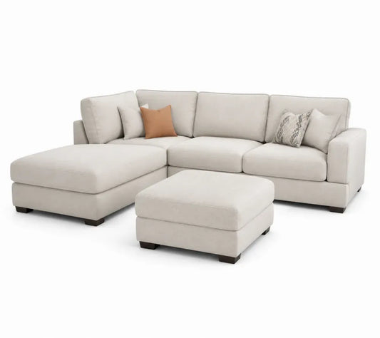 Modulares Ecksofa Set 295 x 165 x 85 cm Polyester-Flachgewebe Polyurethan-Schaum Sperrholz Kiefernholz L-Form Cremebeige Braun Schwarz Grau mit Recamiere links Hocker und 4 Kissen