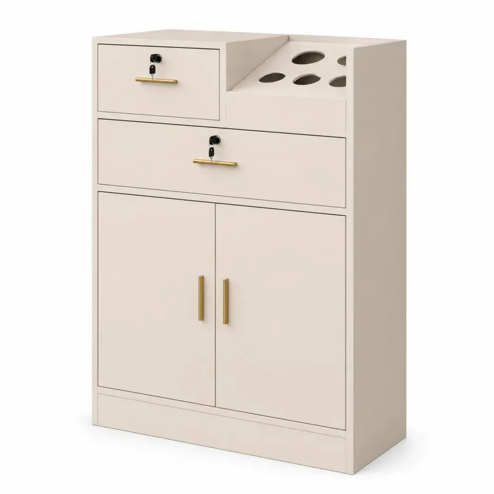 Aufbewahrungsschrank Weinschrank rechteckig MDF Spanplatte Cremeweiß Goldfarben Schwarz mit 2 Schubladen Flaschenfach und 2 Türen 80 x 35 x 120 cm