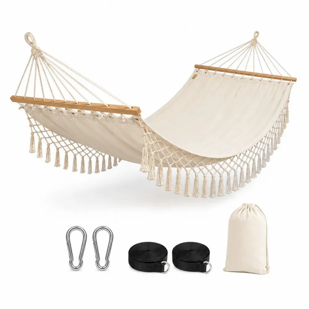 Hängematte Set 320 x 100 cm Baumwoll-Polyester-Gewebe Buchenholz rechteckig Beige Naturfarben Schwarz Silberfarben mit Spreizstäben Befestigungsgurten und Aufbewahrungsbeutel