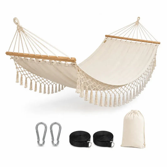 Hängematte Set 320 x 100 cm Baumwoll-Polyester-Gewebe Buchenholz rechteckig Beige Naturfarben Schwarz Silberfarben mit Spreizstäben Befestigungsgurten und Aufbewahrungsbeutel