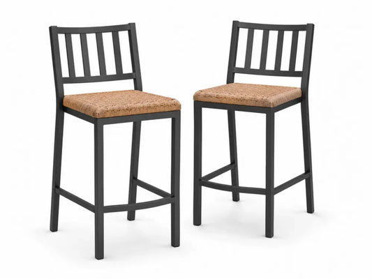 2er Set Gartenbarstühle mit Rückenlehne 45 x 50 x 106 cm pulverbeschichteter Stahl PE Rattangeflecht quadratisch schwarz naturbeige