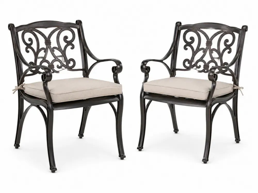 Gartenstühle 2er Set Armlehnstühle aus Aluminiumguss mit rechteckiger Sitzfläche Ornamentrückenlehne Polyester Sitzkissen Schwarz Beige je 62 x 60 x 92 cm